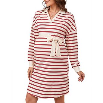 Maternity Sweater Dress Long Sleeve Collar V Neck Striped Midi Dress with Belt
