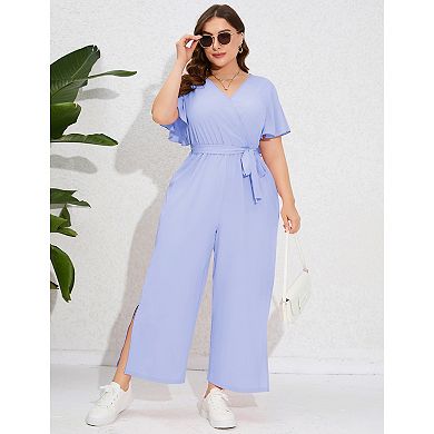 Women's Plus Size V Neck Ruffle Sleeve Belted Wide Leg Pants Summer Casual Long Jumpsuit Rompers