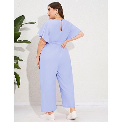 Women's Plus Size V Neck Ruffle Sleeve Belted Wide Leg Pants Summer Casual Long Jumpsuit Rompers