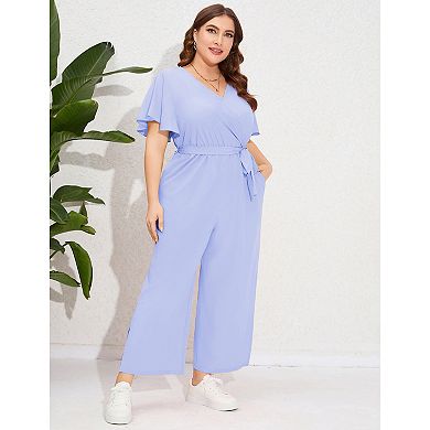 Women's Plus Size V Neck Ruffle Sleeve Belted Wide Leg Pants Summer Casual Long Jumpsuit Rompers