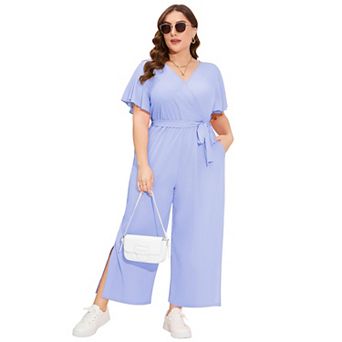 Women's Plus Size V Neck Ruffle Sleeve Belted Wide Leg Pants Summer Casual Long Jumpsuit Rompers