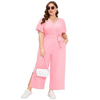 Women's Plus Size V Neck Ruffle Sleeve Belted Wide Leg Pants Summer Casual Long Jumpsuit Rompers