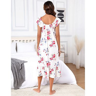 Cap Sleeve Casual Dress Print Comfy Summer Dress Ruffle Hem House Dress for Women