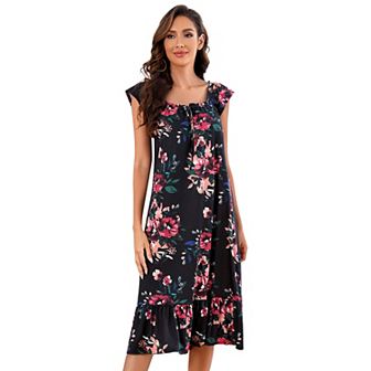 Cap Sleeve Casual Dress Print Comfy Summer Dress Ruffle Hem House Dress for Women