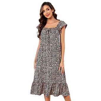 Cap Sleeve Casual Dress Print Comfy Summer Dress Ruffle Hem House Dress for Women