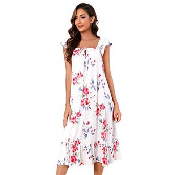 Cap Sleeve Casual Dress Print Comfy Summer Dress Ruffle Hem House Dress for Women