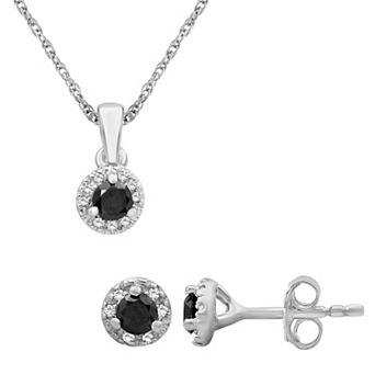 Jewelexcess Sterling Silver 1/2 Carat T.W. Black & White Diamond Halo Pendant Necklace & Stud Earring Set