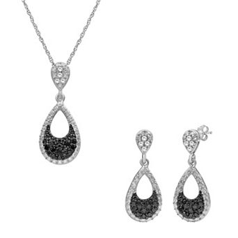 Jewelexcess Sterling Silver 1/2 Carat T.W. Black & White Diamond Pear Pendant Necklace & Dangle Stud Earring Set