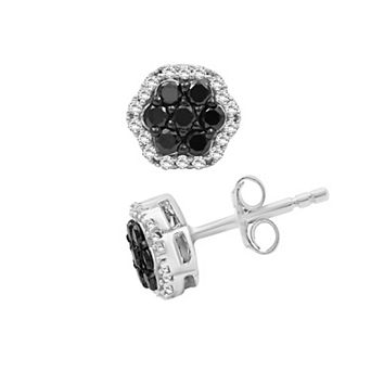 Jewelexcess Sterling Silver 1/2 Carat T.W. Black & White Diamond Halo Cluster Earrings