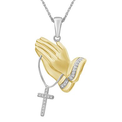 Jewelexcess Two-Tone 14k Gold Over Silver 1/4 Carat T.W. Diamond Prayer Cross Pendant Necklace