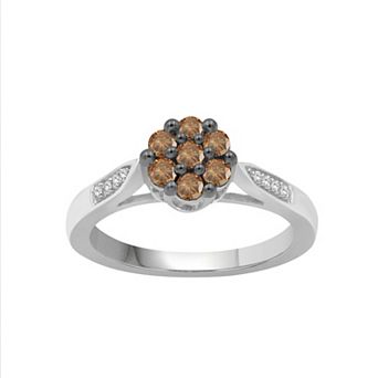 Jewelexcess Sterling Silver 1/2 Carat T.W. Champagne & White Diamond Flower Ring