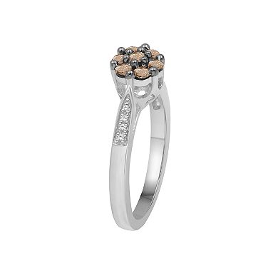 Jewelexcess Sterling Silver 1/2 Carat T.W. Champagne & White Diamond Flower Ring