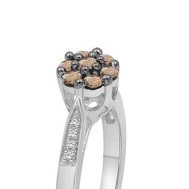 Jewelexcess Sterling Silver 1/2 Carat T.W. Champagne & White Diamond Flower Ring
