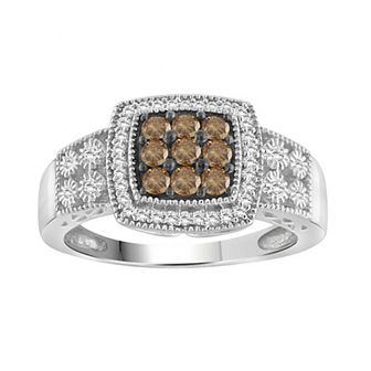 Jewelexcess Sterling Silver 1/2 Carat T.W. Champagne & White Diamond Halo Square Ring