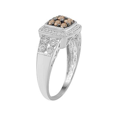 Jewelexcess Sterling Silver 1/2 Carat T.W. Champagne & White Diamond Halo Square Ring