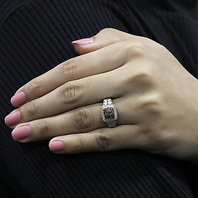 Jewelexcess Sterling Silver 1/2 Carat T.W. Champagne & White Diamond Halo Square Ring