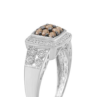 Jewelexcess Sterling Silver 1/2 Carat T.W. Champagne & White Diamond Halo Square Ring