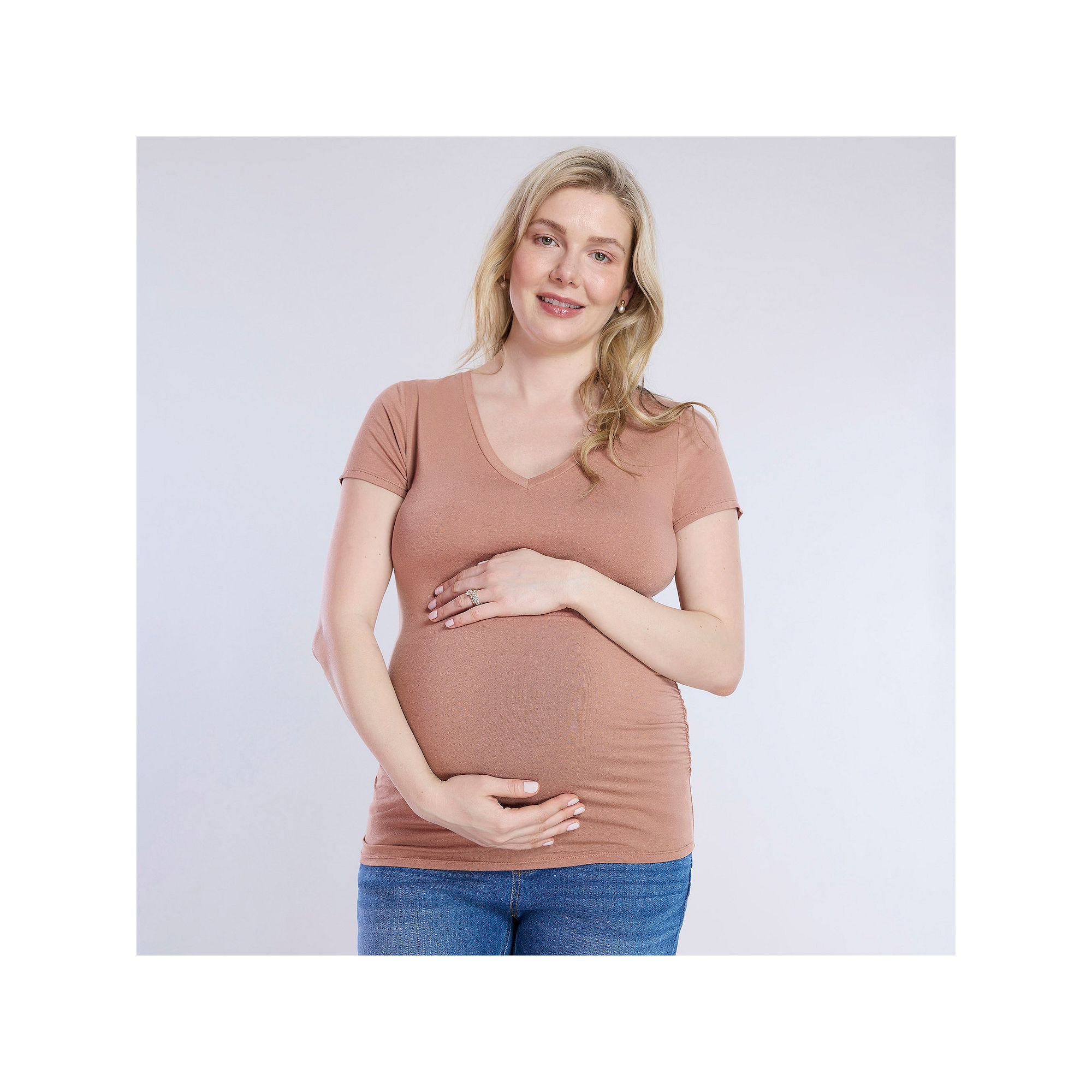 Maternity Motherhood® Side Ruched V-Neck Tee, Womens, Size: Large-Mat, Br