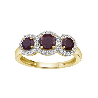 Jewelexcess 10k Gold Gemstone & 1/5 Carat T.W. Diamond 3-Stone Halo Ring