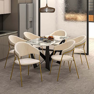 Dining Chair Upholstered in Leather or Velvet in Gold Stainless Steel Armchair