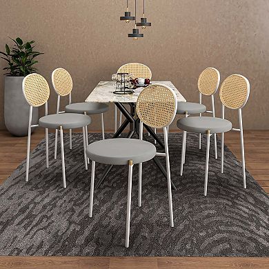 Dining Chair in Velvet Fabric Armless Rattan Back Side Chair with Steel Base