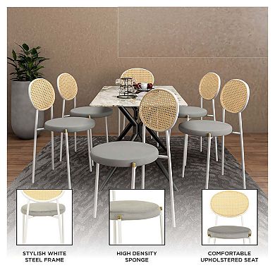Dining Chair in Velvet Fabric Armless Rattan Back Side Chair with Steel Base