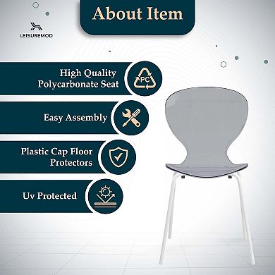 LeisureMod Modern Oyster Transparent Dining Chair Stainless Steel White Base