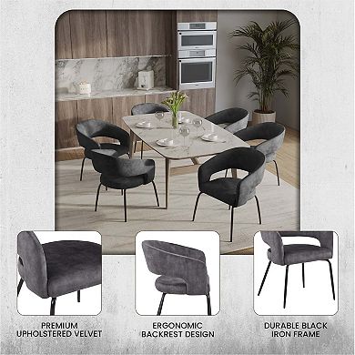 Dining Chair Upholstered in Leather Velvet with Open Curved Backrest in Iron