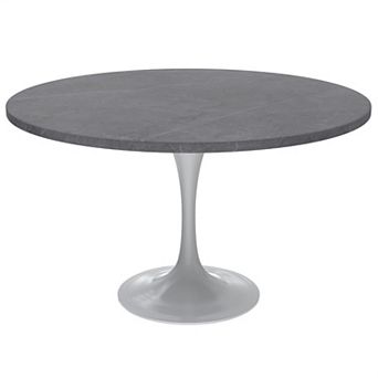 Leisuremod Verve Collection 48 Round Dining Table, White Base With Sintered Stone Grey Top