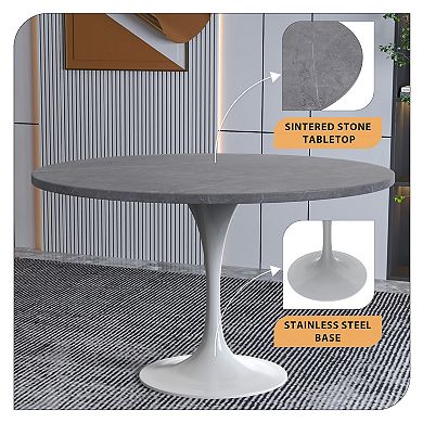 Leisuremod Verve Collection 48 Round Dining Table, White Base With Sintered Stone Grey Top