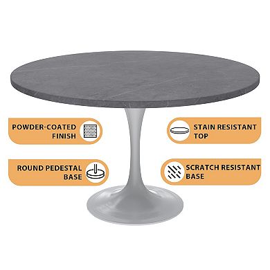 Leisuremod Verve Collection 48 Round Dining Table, White Base With Sintered Stone Grey Top