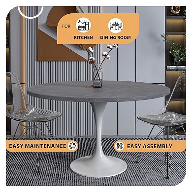 Leisuremod Verve Collection 48 Round Dining Table, White Base With Sintered Stone Grey Top
