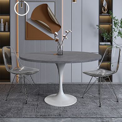 Leisuremod Verve Collection 48 Round Dining Table, White Base With Sintered Stone Grey Top