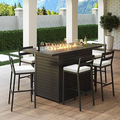 Chelsea Rectangular Aluminum Fire Pit Bar Table with Lid Glass Guard