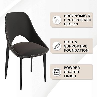 LeisureMod Amalfi Dining Chair with Curved Back and Black Iron Legs, Set of 2