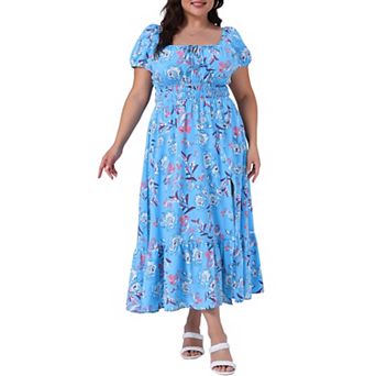 Plus Size Dress for Women Notched Neck Floral Short Sleeve Side Slit A Line Maxi Floral Dress