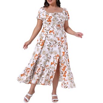 Plus Size Dress for Women Notched Neck Floral Short Sleeve Side Slit A Line Maxi Floral Dress