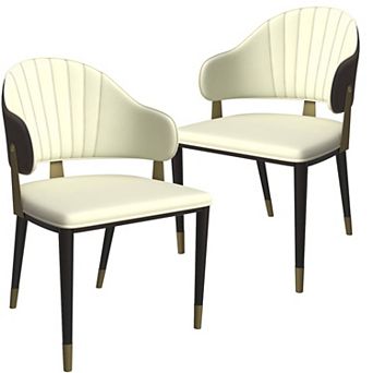 LeisureMod Upholstered Leather Dining Chair with Metal Legs and Curved Back, Set of 2