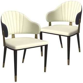 LeisureMod Upholstered Leather Dining Chair with Metal Legs and Curved Back, Set of 2
