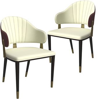 LeisureMod Upholstered Leather Dining Chair with Metal Legs and Curved Back, Set of 2