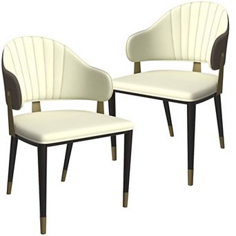 LeisureMod Upholstered Leather Dining Chair with Metal Legs and Curved Back, Set of 2