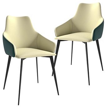 Upholstered Dining Chair in Leather with Iron Legs Sonnet Series in Cream/Green