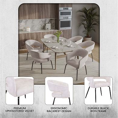 Dining Chair in Leather Velvet with Open Curved Backrest in Iron Set of 2