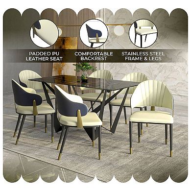 LeisureMod Upholstered Leather Dining Chair with Metal Legs and Curved Back, Set of 4