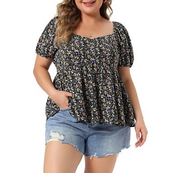 Plus Size Tops for Women Sweetheart Neck Short Sleeve Back Smocked Ruffle Hem Floral Blouses