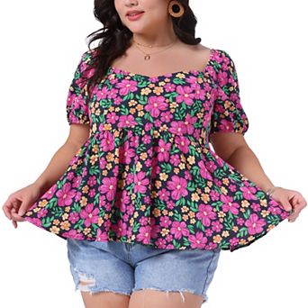 Plus Size Tops for Women Sweetheart Neck Short Sleeve Back Smocked Ruffle Hem Floral Blouses