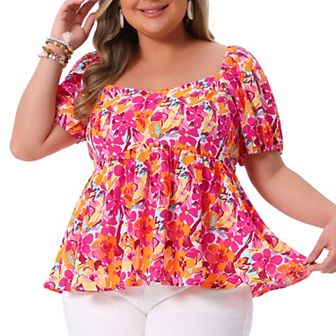 Plus Size Tops for Women Sweetheart Neck Short Sleeve Back Smocked Ruffle Hem Floral Blouses