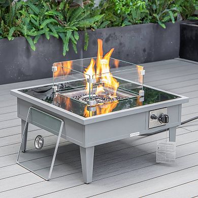 Leisuremod Walbrooke Outdoor Patio Aluminum Square Fire Pit Side Table With Lid And Fire Glass