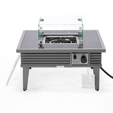 Leisuremod Walbrooke Outdoor Patio Aluminum Square Slats Fire Pit Side Table With Lid And Fire Glass
