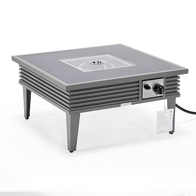 Leisuremod Walbrooke Outdoor Patio Aluminum Square Slats Fire Pit Side Table With Lid And Fire Glass
